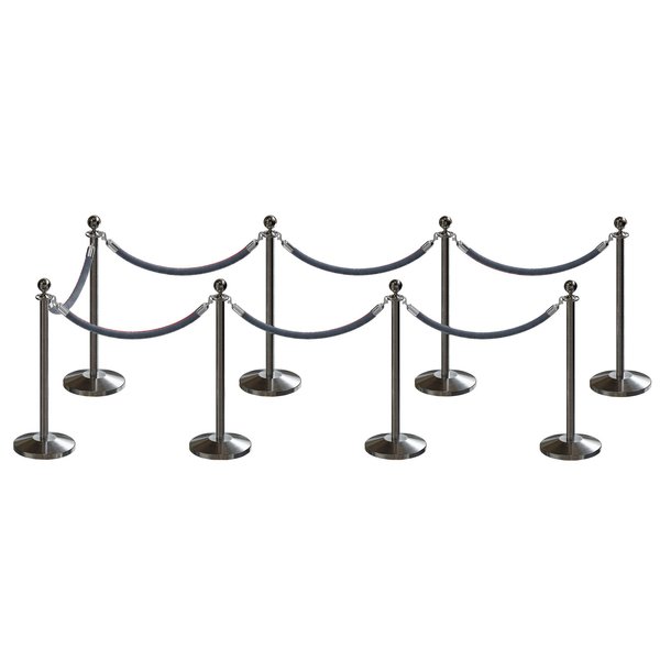 Montour Line Stanchion Post and Rope Kit Sat.Steel, 8 Ball Top7 Gray Rope C-Kit-8-SS-BA-7-PVR-GY-PS